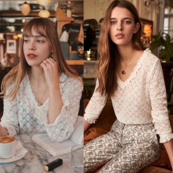 Sezane Leonora Blouse Ecru White Size 34 French US 2 V-Neck Ruffle Sheer Lace - Picture 2 of 14